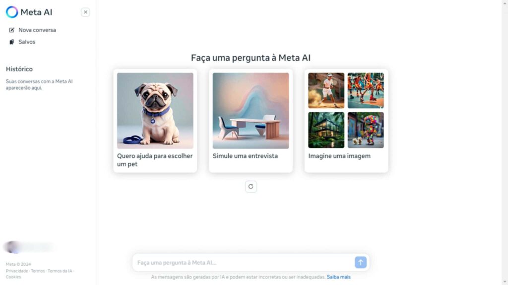 Tela do Meta AI pelo navegador / Crédito: Meta (reprodução)